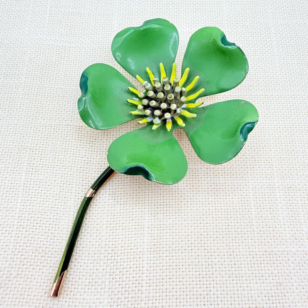 Vintage Retro 60s Oscar Charlin Green Enamel Flower Brooch